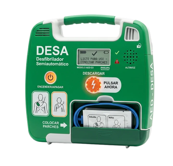 Un desfibrilador externo semiautomático (DESA)