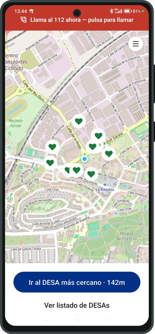 Mapa de la app con los DESA disponibles alrededor de tu ubicación
